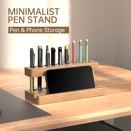 Wooden Holder for Office Desk, Solid Wood Pen Display Stand With 9 Slots and Cell Phone Holder, Aesthetic Pen Organizer for Minimalist Office Desk Decor (Wood+Gold) - color: Wood+Gold