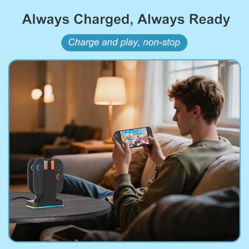 PURBHE Switch 2 JoyCon Charging Dock for Nintendo Switch Controller Charger, Accessories for Nintendo 1/2 Charging Station with RGB Light - 4 in 1 Charge Switch 2 with 60cm USB- C Power Cord - size: 60cm