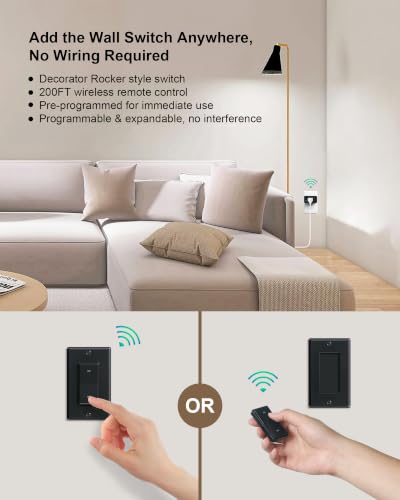 Remote Control Outlet Plug with Decorator Rocker Wall Switch,Black | 200FT Long Range, Mini Plug, 15A/1875W, Remote Switch for Lamps/Lights/Household Appliances, ETL & FCC listed, Pre-Programmed - size: Black 1 Switch + 1 Outlet