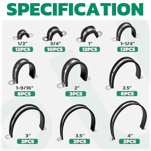 OURU 67pcs Pipe Clamp Assortment Kit 304 Stainless Steel, 10 Sizes (1/2"-4") Heavy Duty Rubber Cushioned Insulated Pipe Strap, U Bracket Clamp Conduit Clamp for Automotive, Wire & Tube - size: 1/2"-4"