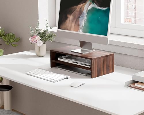 FITUEYES Monitor Stand - 2 Tier Computer Monitor Riser Shelf, Wood Desktop Stand for Laptop Computer Screen, Desk Organization, Office Supplies - color: Brown, size: 16.7“
