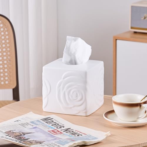 White Ceramic Rose Tissue Box Cover, Carved Flowers Large Square Tissue Box Holder Decorative for Bathroom, Vanity, Kitchen Countertop, Bedroom Night Stands, Office Desk Top - color: White