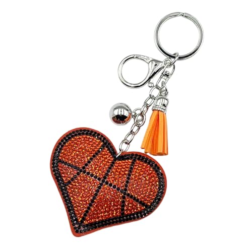 Rhinestone Heart Sports Keychain for Women Men, Bling Baseball Football Tennis Volleyball Love Heart Keyring with Tassel - color: Basketball