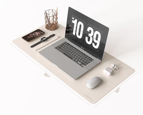RENMTURE PU Mouse Pad, Faux Leather Large Desk Pad, Home Work Office Accessories, Non-Slip Desk Mat, Waterproof Gaming Pad Desk Blotter (32"x16", Beige) - color: Beige, size: 32"x16"