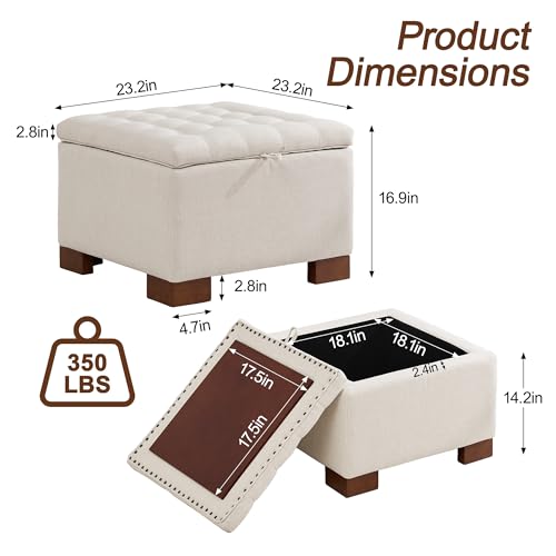 WUTUTUEE 24" Square Fabric Storage Ottoman with Wooden Tray Top, Modern Tufted Button Upholstered Footstool Coffee Table, Multifunctional Small Storage Ottoman for Living Room Bedroom, Beige - color: Beige, size: 24 Inch