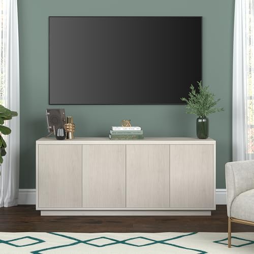 Henn&Hart Fluted TV Stand for TVs up to 65" with 2 Concealed Ribbed Storage Cabinets and Adjustable Shelves for Living Room, Family Room, or Office, Beech White - color: Beech White, size: 57" TV Stand