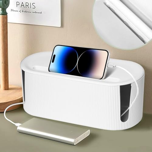 Cable Management Box,Desk Cord Organizer with Groove Cover,Plastic Cord Hider Box,Large Cable Box Organizer,Power Socket Management for TV/Computer/Router/Games Console Cable Storage (White) - color: White