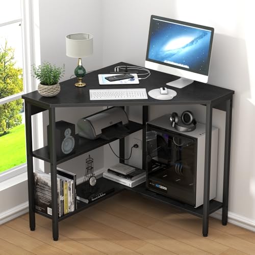 Auromie Corner Desk with Outlets & USB Ports, 90 Degree Triangle Corner Table with CPU Stand & Storage Shelves for Small Space, Computer Table with Charging Station for Home Office Bedroom (Black) - color: Black