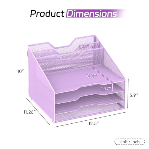 Desk File Organizer, 4 Letter Trays and 2 Upright Sections, Purple | Paper organizer for desk with tiered letter trays and upright file sections for home office, school and workspace use - color: Purple