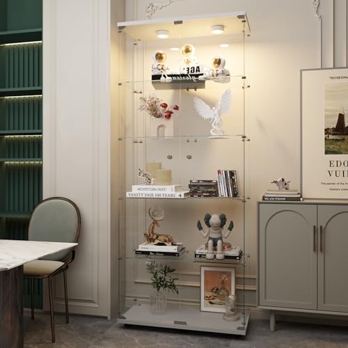 Beauty4U Glass Display Cabinet with Lights, 5 Shelves with 2 Doors, Curio Cabinets for Living Room, Bedroom, Office, White Floor Standing Glass Bookshelf, Quick Installation - color: White-led, size: 2-Door 5-Shelf