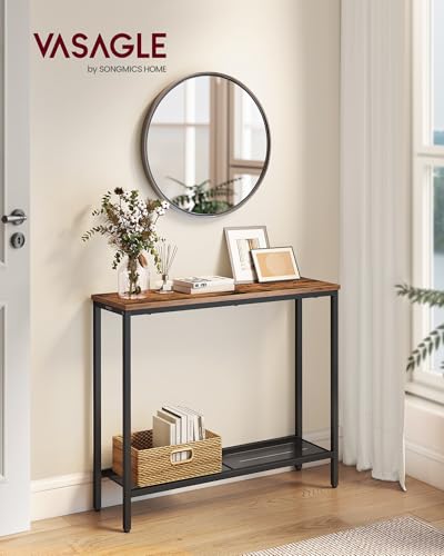 VASAGLE BARNET Collection - Console Table, Thin Narrow Entryway Doorway Table, One Piece Top, for Hallway Bedroom, Steel Frame, Modern, 2 Tier, Mesh Shelf, Rustic Brown and Ink Black ULNT036KD01S - color: Rustic Brown + Ink Black, size: 2 Tiers (9.4"D x 3