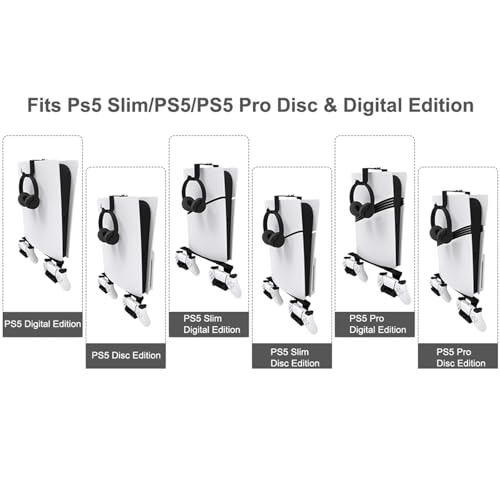 ZHSX Wall Mount for Ps5 Models,Ps5 Shelf Playstation Wall Mount Compatible with Ps5、Ps5 Pro and Ps5 Slim Disc Adjustable Length and Width Holds Two Controllers
