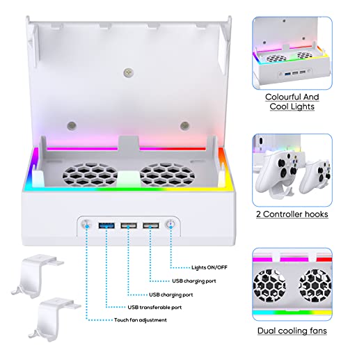Wall Mount for Xbox Series S, MENEEA Wall Mount Kit Accessories with Adjustable Cooling Fan, RGB LED Light Strip, USB Port, Controller Hook, Secure Fit for Xbox Series S Consoles | White
