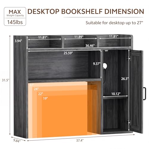 Dorm Desk Hutch, Desktop Shelf with 6 Shelves and Power Outlets 37.4" Desk Hutch with Drawers & RGB LED Light Over Desk Organizer Desktop Storage Shelf for Dorm Office Home Computer Desk-Grey - color: Grey, size: 37.4"W with LED Light