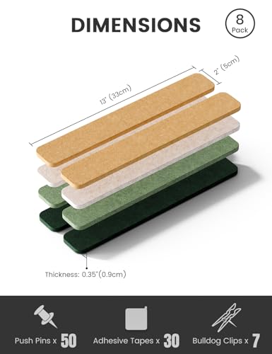 Fluxynara Cork Board Alternative Felt Strip Board 8-Pack 13"x2", Office Pin Board with 50 Push Pins, Adhesive Install for Bedroom Door & Home Office (Moss Glimmer) - color: Moss Glimmer, size: 8-pack