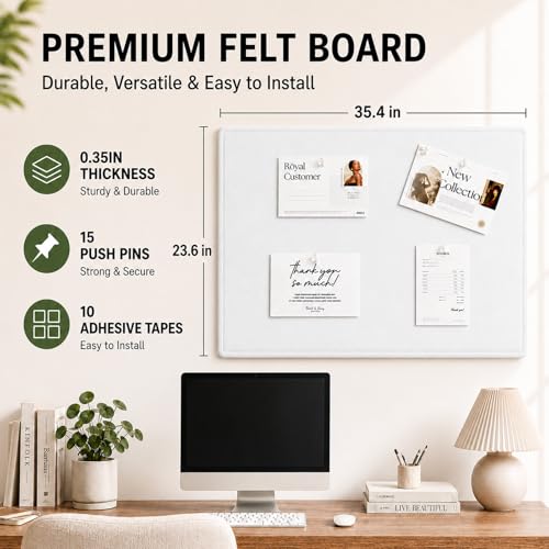 Felt Bulletin Board for Wall 36" x 24" Unfolded Size, Frameless Felt Pin Board, Soft Cork Board Alternative for Office, Home Planning, Notes, Photos & Wall Decor, Foldable Shipping, Easy Install - color: White, size: 24" x 36"