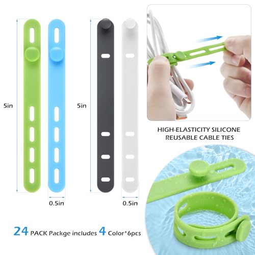 24 Pcs Silicone Cable Ties, Cord Organizer Ties, Cord Ties Reusable, Cord Wrap Cable Organizer 5Inch Cable Management (4 Color) Cbfoeyk