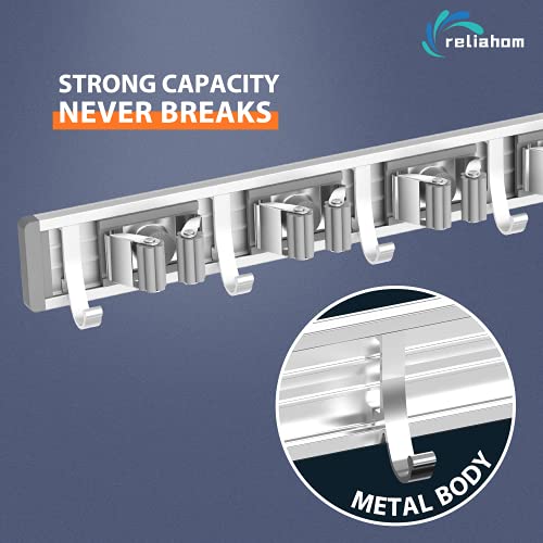 reliahom Adjustable Broom Holder Wall Mount, Mop Storage Tool Racks, Broom Hanger Tool Organizer for Garage, Kitchen, Garden, Laundry Room, 4 Racks 5 Hooks Silver - color: Silver, size: 1 Pack 4R5H