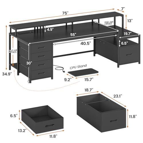SEDETA 75'' Computer Desk with 5 Drawer, Power Outlet & Led Lights, Home Office Desk with File Drawer, Storage Shelves, Printer Cabinet and Monitor Shelf, 23.6" W Large Desktop Gaming Desk, Black - color: Black, size: 75X23.6inch