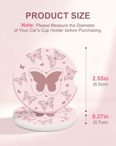 Swooflia Car Coasters for Women - Pink Butterfly Ceramic Car Cupholder Coaster Absorbent Mat Coaster with Cork Base 2 Pack 2.55 inch Automotive Cup Holder Accessories New Driver Gifts for Decor - color: Pink Butterfly
