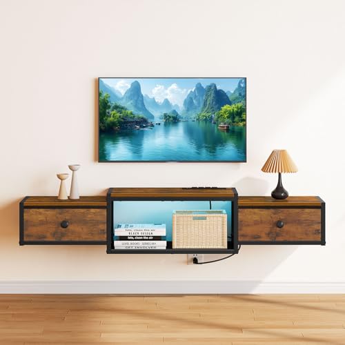 Snughome Floating TV Stand with Power Outlet 55", Wall Mounted Entertainment Center with LED Lights, Floating TV Shelf with Drawer, Wall Mounted Media Console Shelf for Living Room, Bedroom - color: Rustic Brown, size: 55.12" x 11.02" x 6.5"