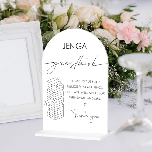 Tumbling Tower Game Sign, Wedding Guest Book Sign, Wedding Engagement Bridal Shower Reception Drinks Table Desk Acrylic Decor - color: Jenga Guestbook