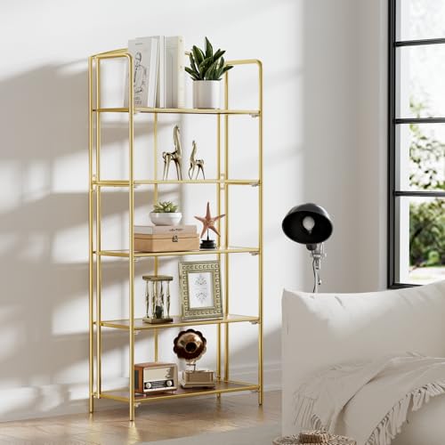 Crofy 5-Tier Wider Foldable Bookshelf, Gold Frame & Walnut Shelves | Collapsible Portable Storage Organizer; Sturdy Walnut Finish Shelves; Ideal for Living Room & Home Office - color: Gold Frame & Walnut Shelf, size: 5 Tier Wider