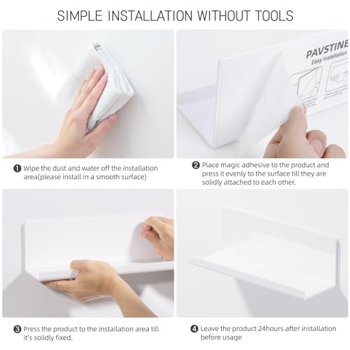 PAVSTINE Acrylic Wall Floating Shelves Set of 2, Wall Shelves White 12 Inch Adhesive Wall Organizer Adhesive Shelf for Bathroom, Kitchen, Bedroom, Office, Gaming Room, No Damage, No Drill - color: White