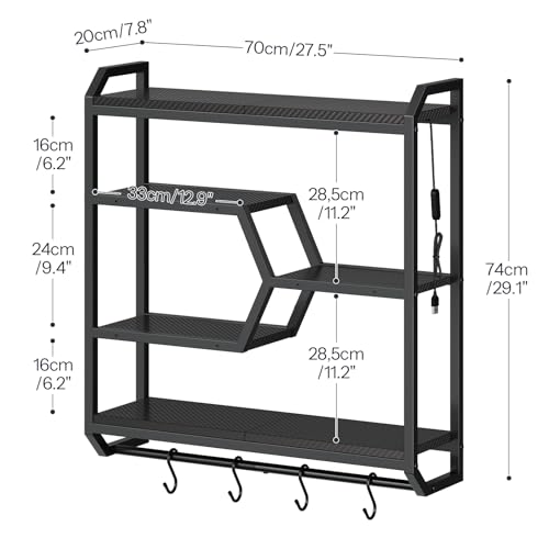 HOOBRO Gaming Floating Shelf with LED Lights, 27.5" LED Wall Mounted Shelf with Hanging Rod & 4 S-Hooks, 4-Tier Hanging Display Rack, for Living Room, Gaming Room, Black BB71DBJ01