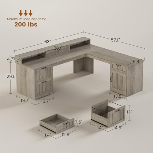 SEDETA 63" L Shaped Desk with Drawers, Farmhouse Corner Computer Desk, Wood Office Desk with File Drawers with Storage, Executive Desk with Monitor Stand and Storage Cabinet, Grey - color: Grey, size: L Shaped Desk (63")
