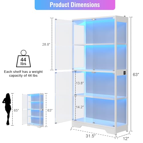 knoworld Display Cabinet with Glass Doors, 63" Tall Curio Cabinet with Human Sensor RGB LED Lights, 4-Tier Glass Display Case with 15mm Thick Shelves for Action Figures, Collectibles, Books - White - color: White1