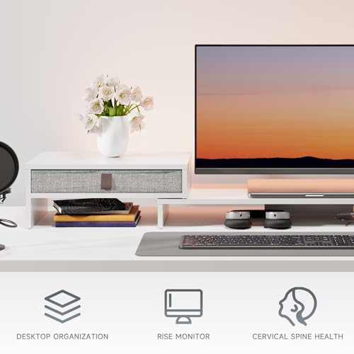 Fenge Computer Monitor Riser Stand with Drawer for 2 or 3 Monitors ,Adjustable Length and Angle Desktop Laptop Stand,Office Organizer,Printer,White - color: White