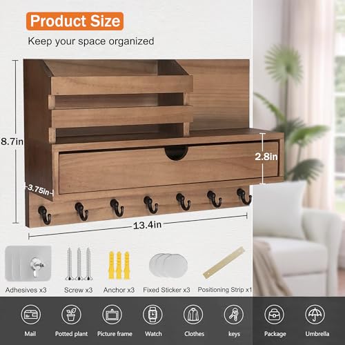 dreampossible Key and Mail Holder for Wall, Mail Organizer Wall Mount with 6 Hooks and Storage Drawer, Wooden Key Rack Hanger with Shelf for Entryway and Home Decor - color: Brown, size: Large(13.4''x8.7'')