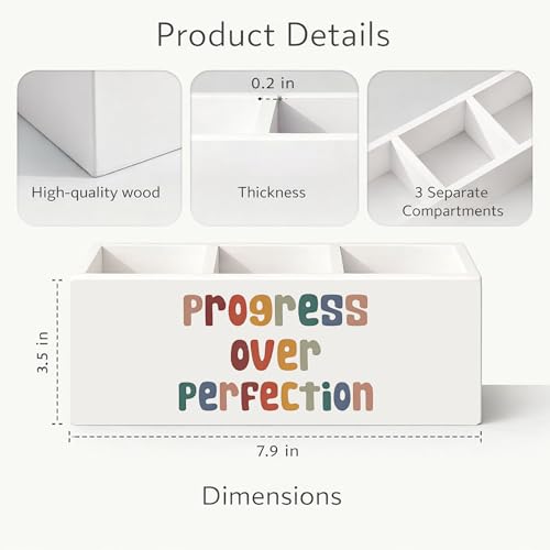 Progress Over Perfection Wooden Pen Holder | Motivational “Progress Over Perfection” design; 3-compartment wooden pencil caddy for office, home, or classroom desk. - color: Progress Over Perfection