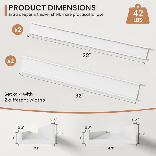 Fun Memories Picture Ledge Shelves Set of 4, 32 Inch Rustic Wall Mounted Floating Shelves with Lip for Home Storage and Décor in Bathroom, Kitchen, Nursery, Bedroom, Living Room, White - color: White, size: 32 inch, Set of 4