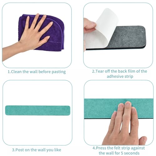 Vuzvuv 8 pcs Bulletin Board Bar Strips with 50 Pushpins & 10 Wooden Clip pins,Self Adhesive Cork Board for Wall,Felt Pin Board for School,Office Decor(Green Blue Pink Purple) - color: Green Blue Pink Purple