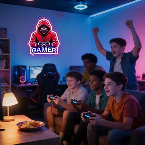Gamer Neon Sign for Bedroom, Red Hooded Ninja Gamer LED Neon Light with Blue & Pink Neon Outline, Unique Gaming Wall Decor for Game Room, Man Cave, Perfect Gamer Gift for Men, Teens & Boys - color: Gamer Cool