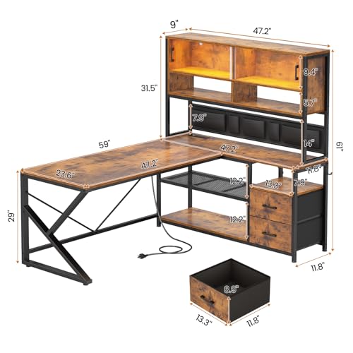 SEDETA L Shaped Computer Desk, Home Office Desk with 2 Drawer and Bookshelf, L Shaped Gaming Desk with LED Light, Glass Cabinet and Storage Bag, Corner Desk with Storage Shelves, Rustic Brown - color: Rustic Brown