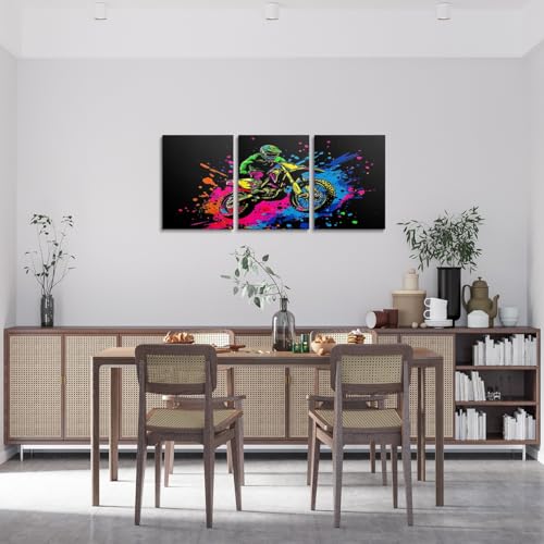 Feelyou Kids Boys Dirt Bike Bedroom Framed Wall Art Colorful Teens Sports Motorcycle Painting Framed Canvas Kitchen Wall Art Motocross Rider Office Bathroom Wall Art House Decor,3 Piece 12x16 Inch - color: Colorful