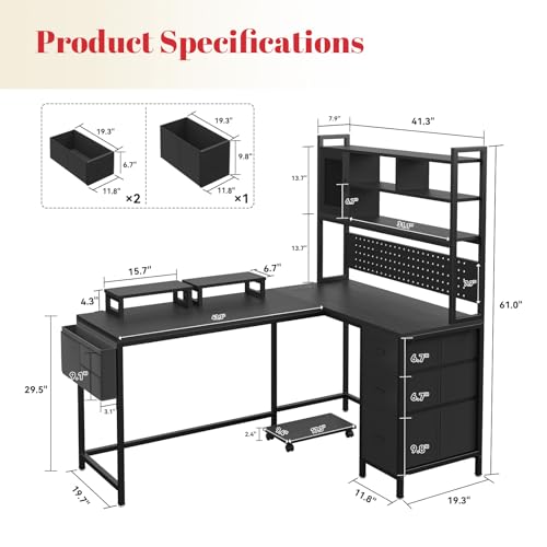L-Shaped Computer Desk with Charging Station and Light Strip, Gaming Desk with Pegboard & Storage Shelves, Corner Table with 3 Drawers, Monitor and Computer Tower Stand for Home Office, Black - color: Black