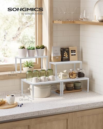 SONGMICS Spice Racks, Set of 2 Metal Cabinet Shelf Organizers, Countertop Organizers, Shelf Risers, Stackable, Expandable, White UKCS005W01 - color: White, size: 11"D x 12.6"W x 6.1"H + 5.5"D x 12.6"W x 6.1"H