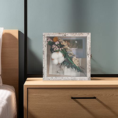 GraduatePro Shadow Box Frame 8x8 Display Case with Linen Back, Real Glass Window Door with Hinge, Picture Frame Wedding Bouquet Memorabilia Medals Photos Memory Box for Keepsakes, Rustic White - color: Rustic White, size: 8"x8" (20x20 cm)