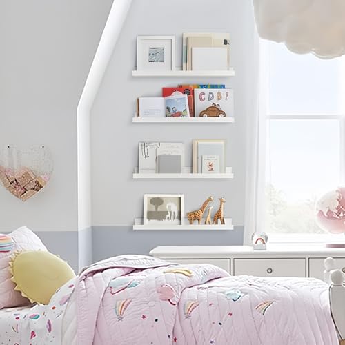 Forbena 24" Floating Nursery Book Shelves for Wall Set of 4 | Solid Wood | Lip Desigh | Wall Bookshelf for Kids Room Toddler Bedroom - color: White, size: 24 Inch