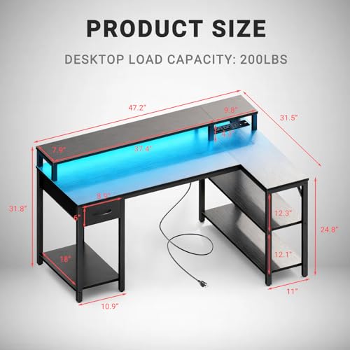 Simple Deluxe 47-inch L-Shaped Gaming Desk with LED Lights & Power Outlets, Reversible Corner Computer Desk with Monitor Riser, Drawer & Shelves, for Home Office, Black - color: Black, size: 47 inch