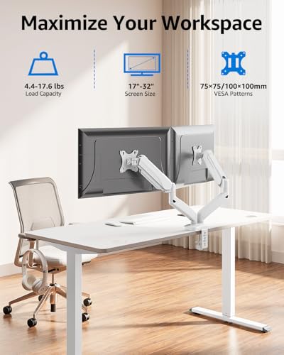 MOUNTUP Dual Monitor Stand for Desk, Monitor Arms for 2 Monitors Max 32 Inches, Height Adjustable Double Monitor Mount, VESA Mount with C-Clamp & Grommet Base, Holds 4.4-17.6lbs, White - color: White, size: Dual