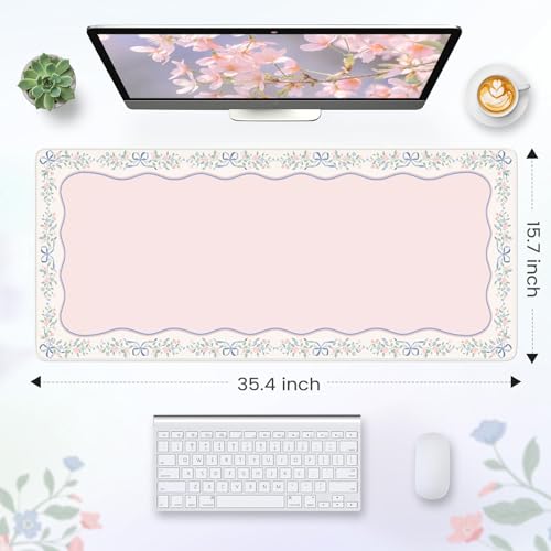 HAOCOO Cute Girly Computer Mat, Pink Bow XXL Mouse Pad for Gaming & Office, Non-Slip Waterproof Desk Matt for Desktop, Aesthetic Home Desk Accessories, Desk Pad Protector with Stitched Edges - color: D-ribbon, size: 35.4" x 15.7"