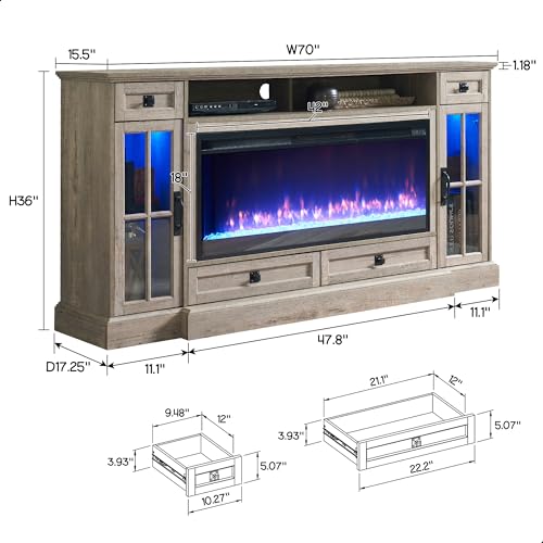 RedLemon Farmhouse Fireplace TV Stand for 80 Inch TV, 36" Tall Entertainment Center with 42" Crystal Eletric Fireplace, Modern Media Console Table with LED Lights for Living Room, Light Rustic Oak - color: Light Rustic Oak