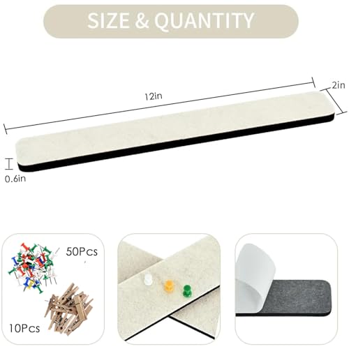 Vuzvuv 8 pcs Bulletin Board Bar Strips with 50 Pushpins & 10 Wooden Clip pins,Self Adhesive Cork Board for Wall,Felt Pin Board for School,Office Decor(Cream White) - color: Cream White