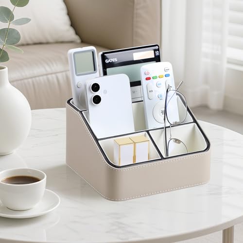 Remote Control Holder, PU Leather Small Desk Organizer with 4 Compartments, Nightstand Organizer Office Desk Accessories Desk Caddy for Countertop Bedside End Table (Beige) - color: Beige