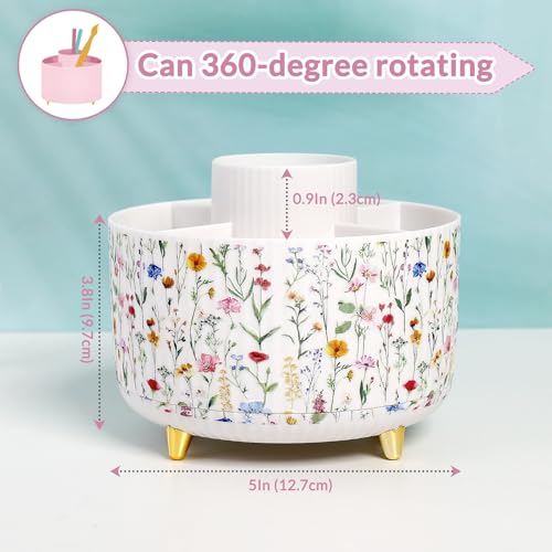 SKYDUE 360 Degree Rotating Desk Organizer, Dual-Purpose Pencil Pen Holder for Desktop, Desk Pen Organizer with 5 Slots, Office Supplies, Pencil Cup for Office, School, Home - color: Floral